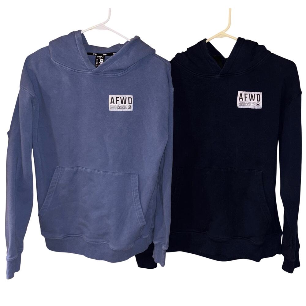 AFWD hoodie sweatshirts embroidered sleeves dark & light blue lot of 2 size XS